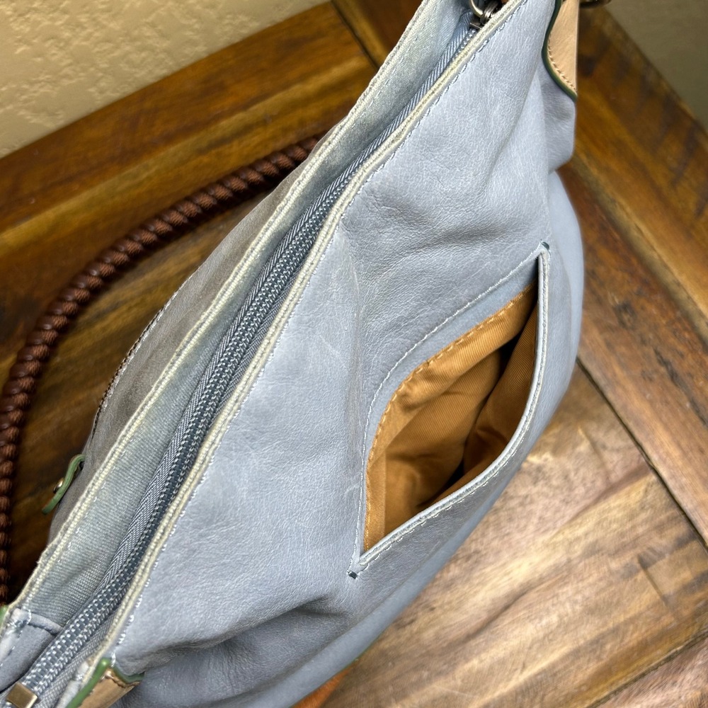 The Sak 100% Leather Hobo Shoulder Bag Blue Brown Braided Strap Purse - Picture 3 of 16